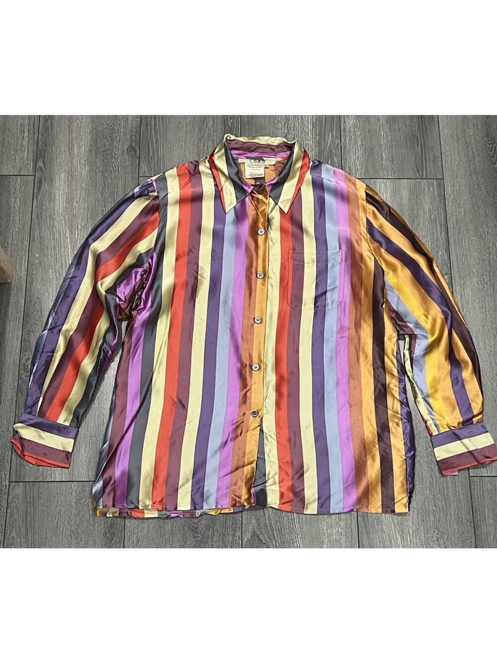 Como Vintage Woman multi Silk Striped Button Up Shirt Top Sz 12 A004693